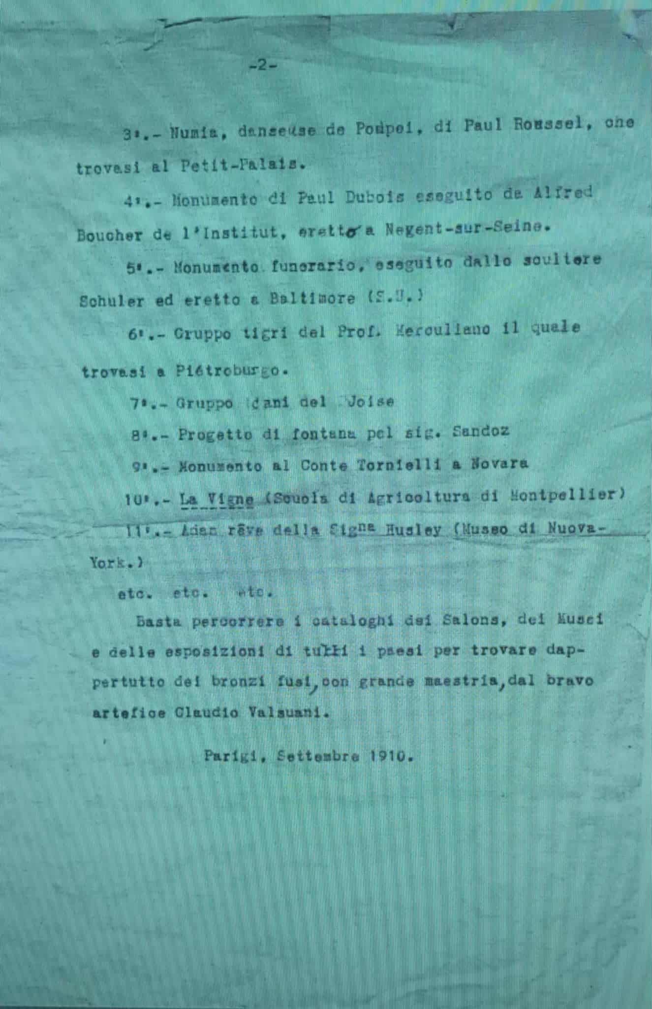 Italian biographical document listing Claude Valsuani's bronze works - Paris, September 1910