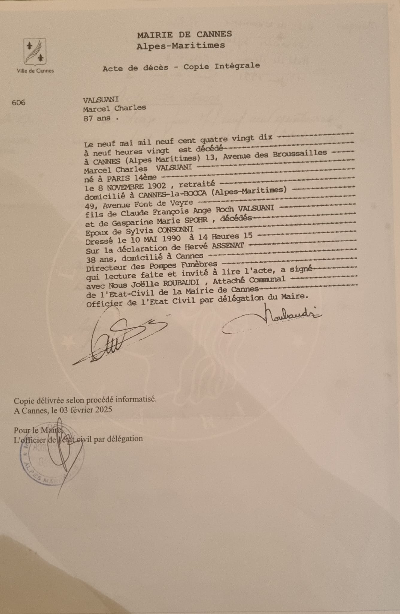 Overlijdensakte Claude Valsuani - primair bewijs dat vader Carlo heette