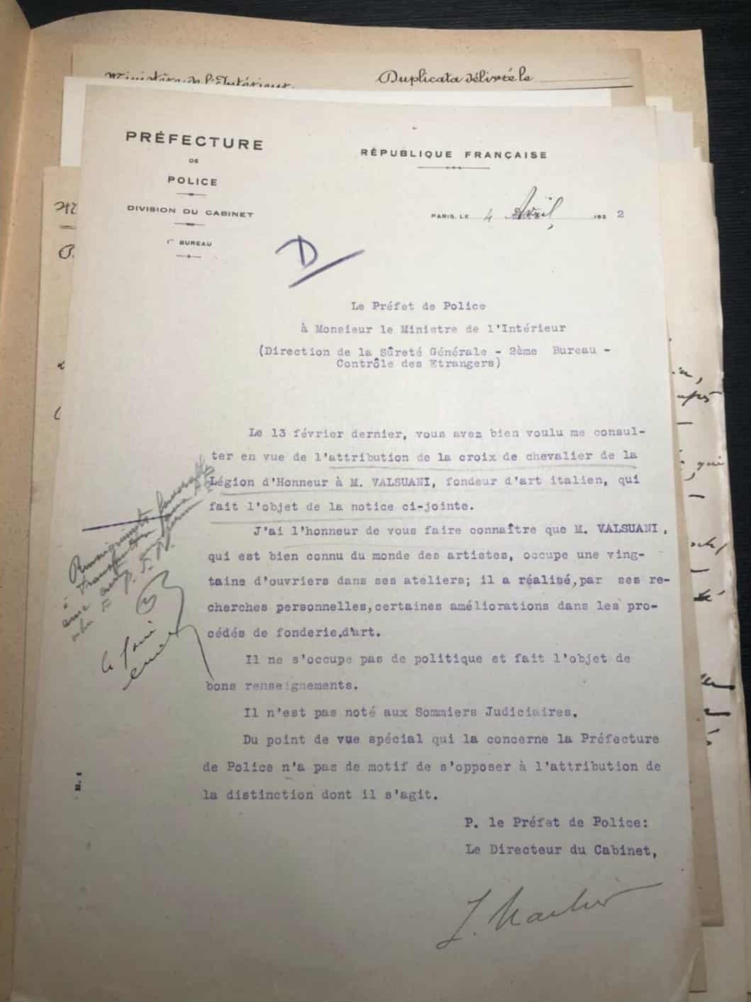 French document: Claude Valsuani awarded Chevalier de la Légion d'Honneur for his bronze foundry work