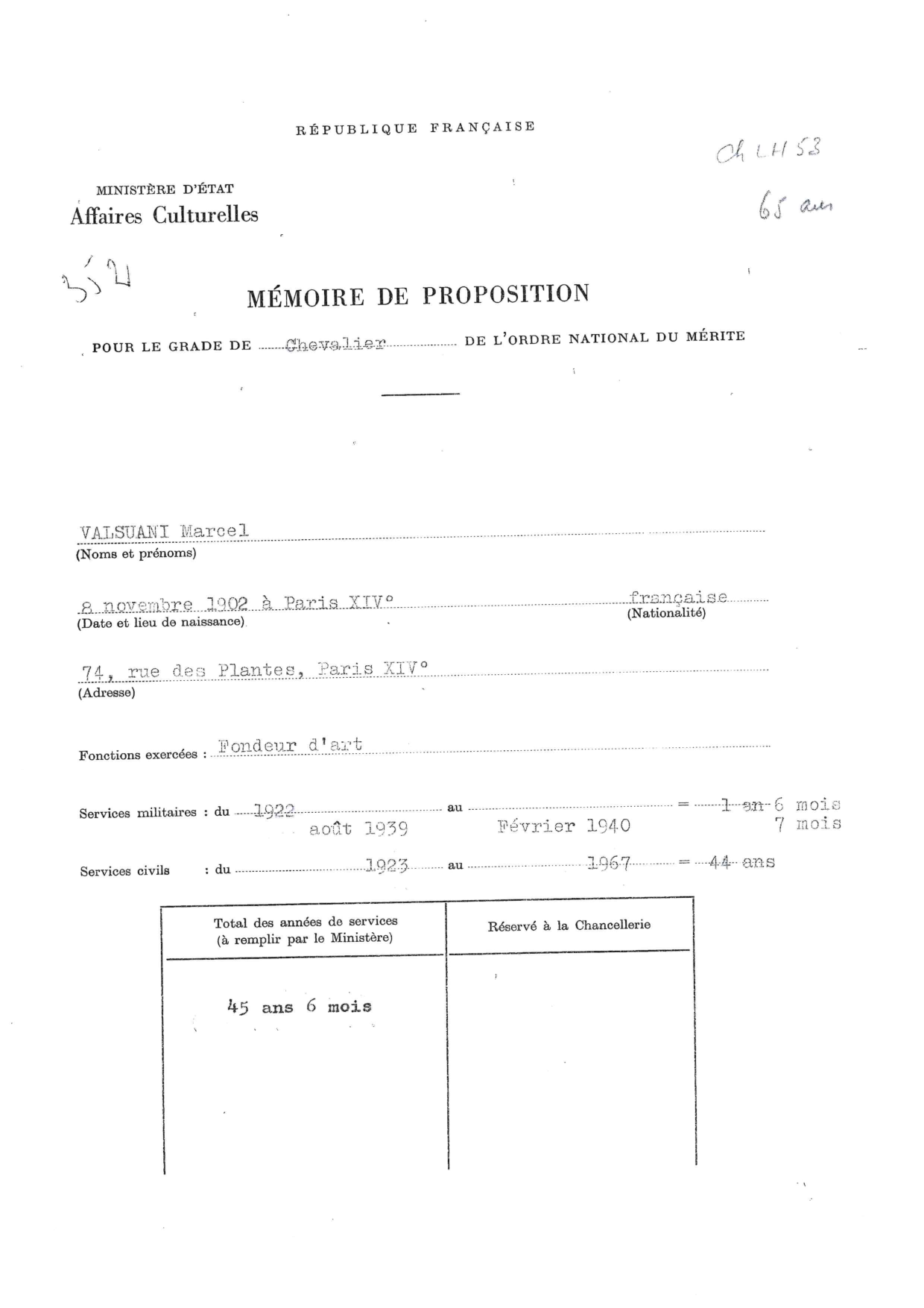 1967 Ordre National du Merite nomination form for Marcel Valsuani, page 1