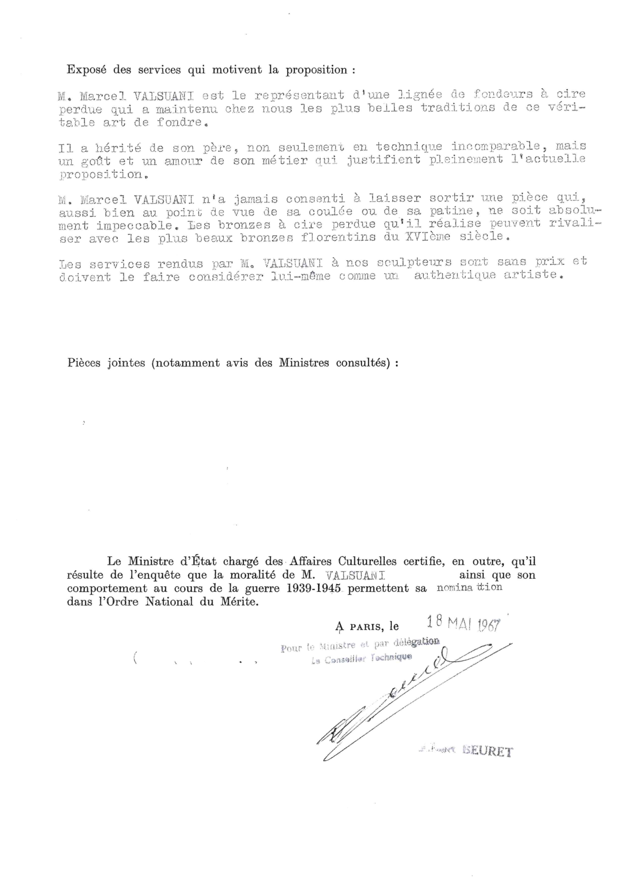 Ministerial citation for Marcel Valsuani, 18 May 1967